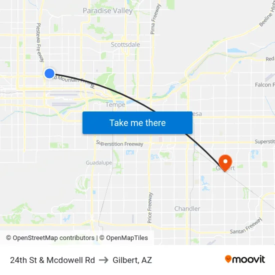 24th St & Mcdowell Rd to Gilbert, AZ map
