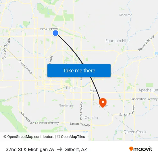 32nd St & Michigan Av to Gilbert, AZ map