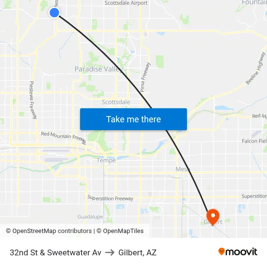 32nd St & Sweetwater Av to Gilbert, AZ map