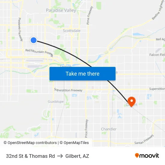 32nd St & Thomas Rd to Gilbert, AZ map