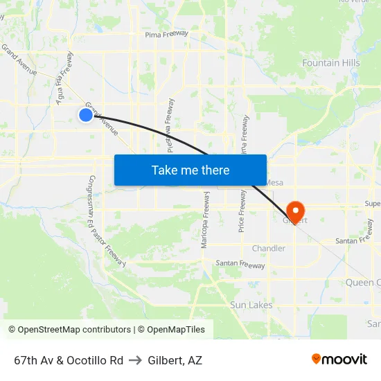67th Av & Ocotillo Rd to Gilbert, AZ map