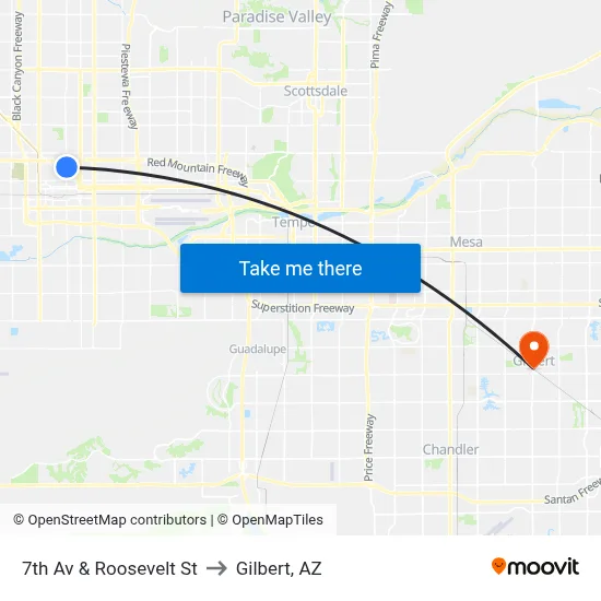 7th Av & Roosevelt St to Gilbert, AZ map