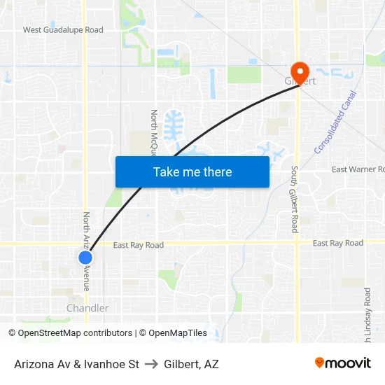 Arizona Av & Ivanhoe St to Gilbert, AZ map