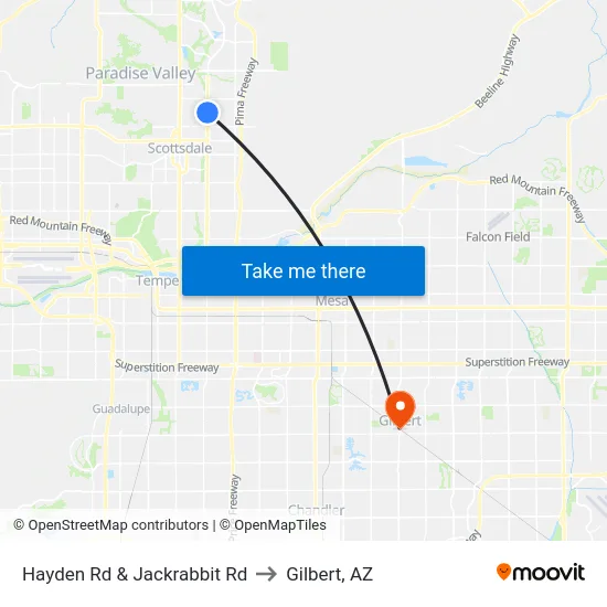 Hayden Rd & Jackrabbit Rd to Gilbert, AZ map
