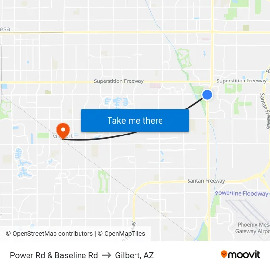 Power Rd & Baseline Rd to Gilbert, AZ map