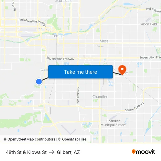 48th St & Kiowa St to Gilbert, AZ map