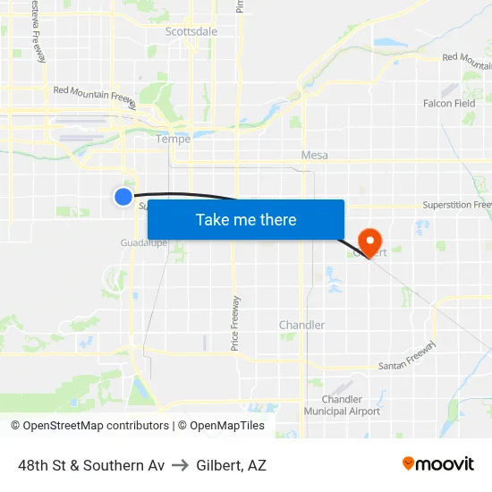 48th St & Southern Av to Gilbert, AZ map