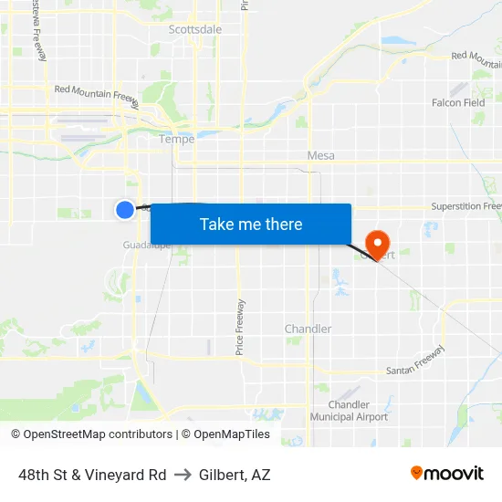 48th St & Vineyard Rd to Gilbert, AZ map
