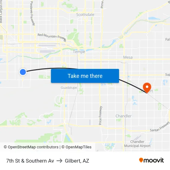 7th St & Southern Av to Gilbert, AZ map