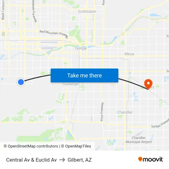 Central Av & Euclid Av to Gilbert, AZ map