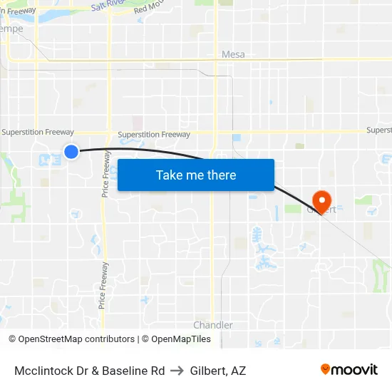 Mcclintock Dr & Baseline Rd to Gilbert, AZ map
