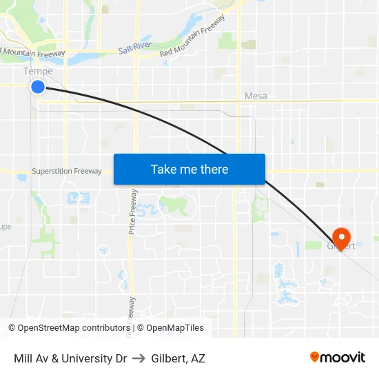 Mill Av & University Dr to Gilbert, AZ map