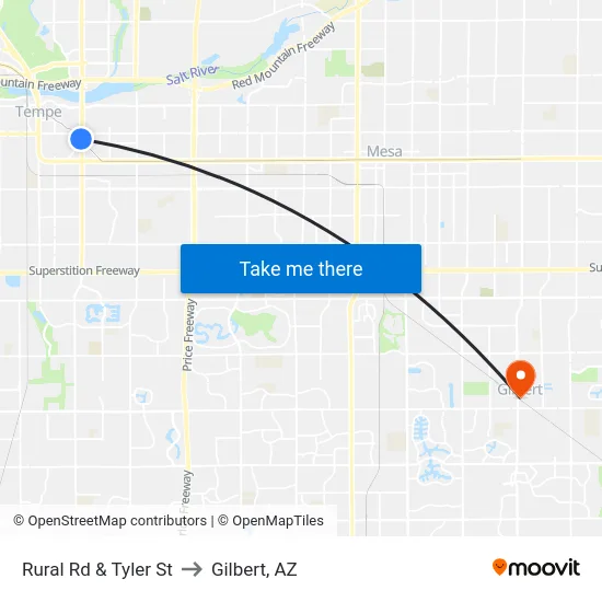 Rural Rd & Tyler St to Gilbert, AZ map