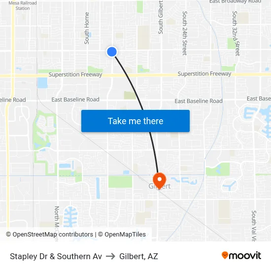 Stapley Dr & Southern Av to Gilbert, AZ map
