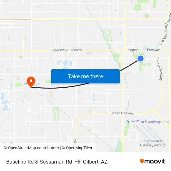 Baseline Rd & Sossaman Rd to Gilbert, AZ map