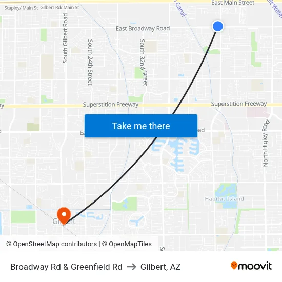 Broadway Rd & Greenfield Rd to Gilbert, AZ map