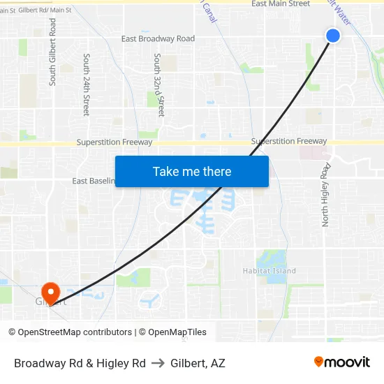 Broadway Rd & Higley Rd to Gilbert, AZ map