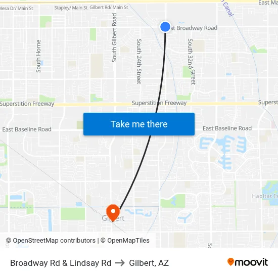 Broadway Rd & Lindsay Rd to Gilbert, AZ map