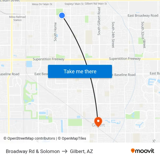 Broadway Rd & Solomon to Gilbert, AZ map