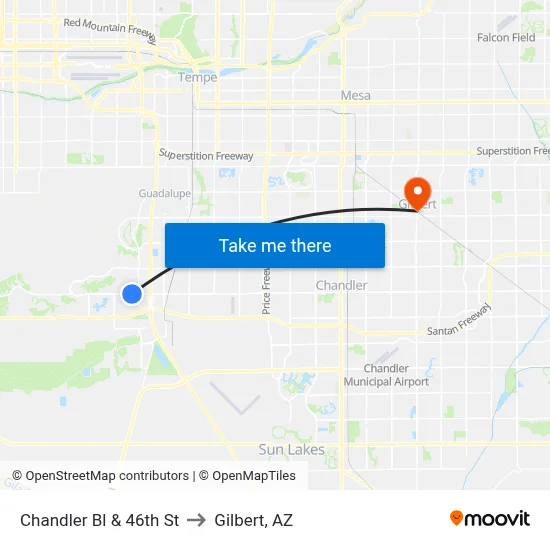 Chandler Bl & 46th St to Gilbert, AZ map