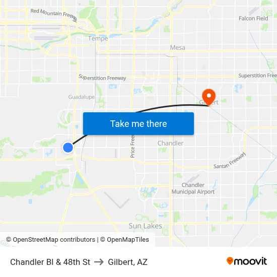 Chandler Bl & 48th St to Gilbert, AZ map