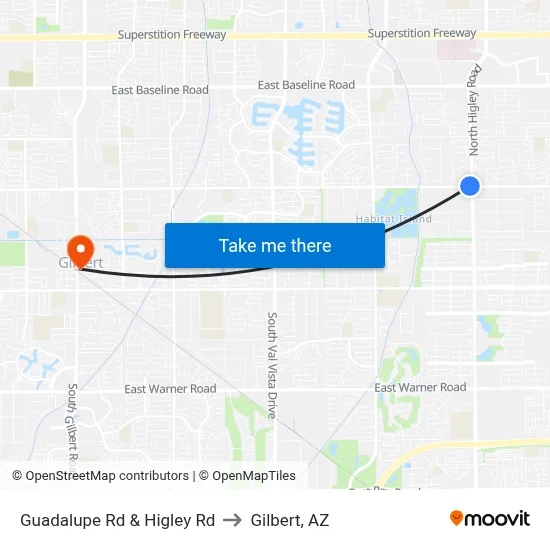 Guadalupe Rd & Higley Rd to Gilbert, AZ map