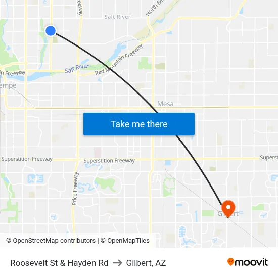 Roosevelt St & Hayden Rd to Gilbert, AZ map