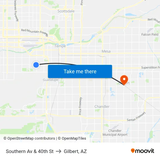 Southern Av & 40th St to Gilbert, AZ map