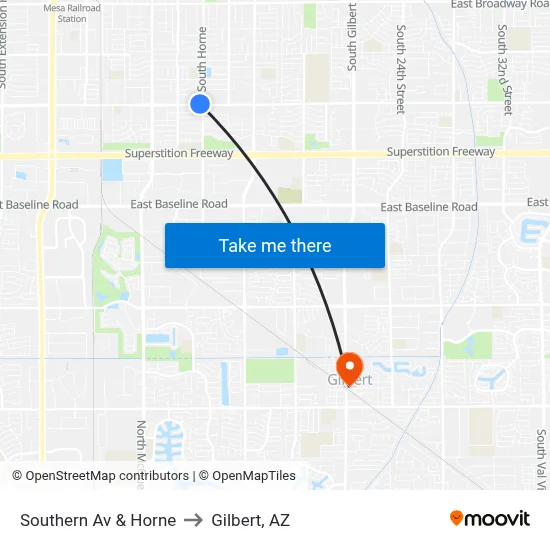 Southern Av & Horne to Gilbert, AZ map