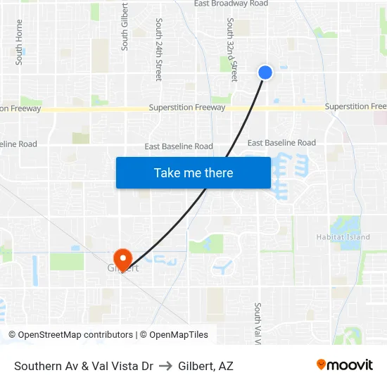 Southern Av & Val Vista Dr to Gilbert, AZ map