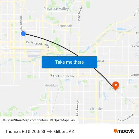 Thomas Rd & 20th St to Gilbert, AZ map
