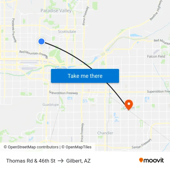 Thomas Rd & 46th St to Gilbert, AZ map