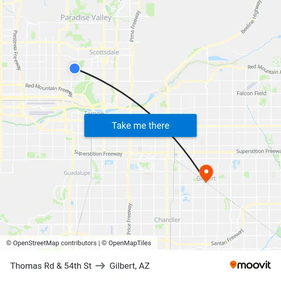 Thomas Rd & 54th St to Gilbert, AZ map