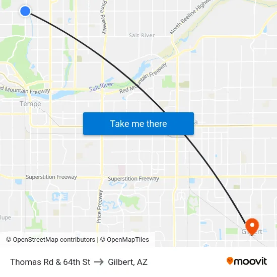 Thomas Rd & 64th St to Gilbert, AZ map