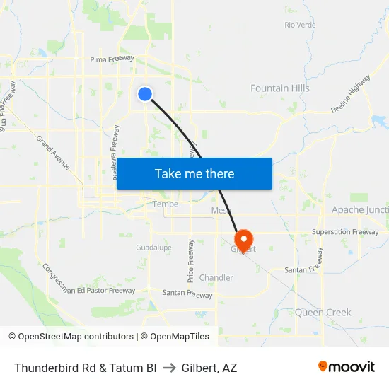 Thunderbird Rd & Tatum Bl to Gilbert, AZ map