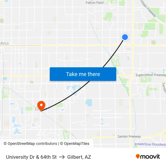 University Dr & 64th St to Gilbert, AZ map