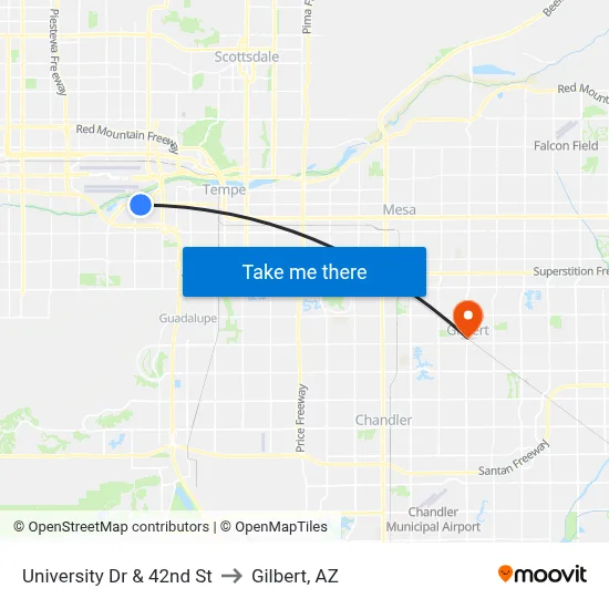 University Dr & 42nd St to Gilbert, AZ map