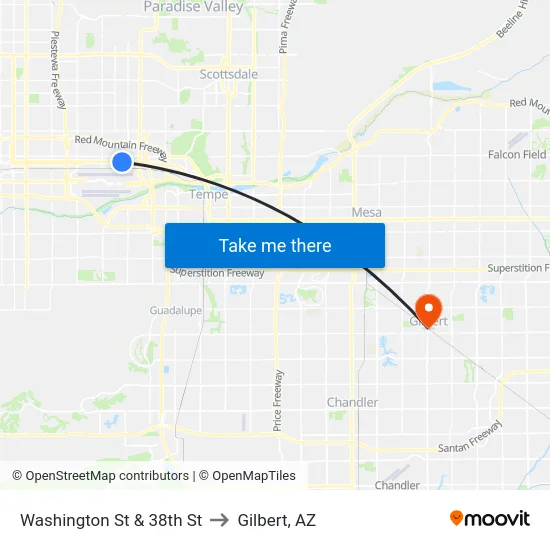 Washington St & 38th St to Gilbert, AZ map