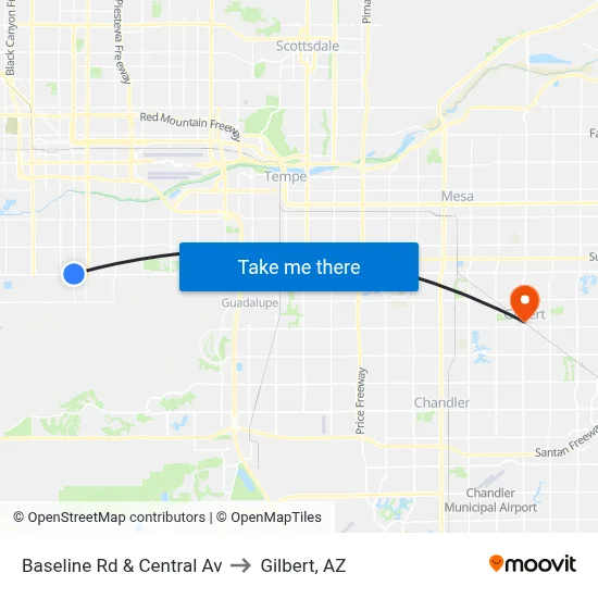 Baseline Rd & Central Av to Gilbert, AZ map