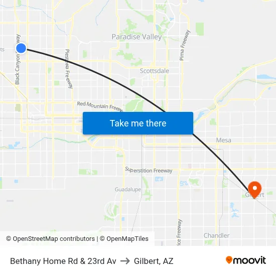 Bethany Home Rd & 23rd Av to Gilbert, AZ map