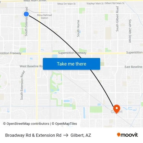 Broadway Rd & Extension Rd to Gilbert, AZ map