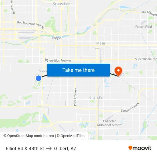 Elliot Rd & 48th St to Gilbert, AZ map