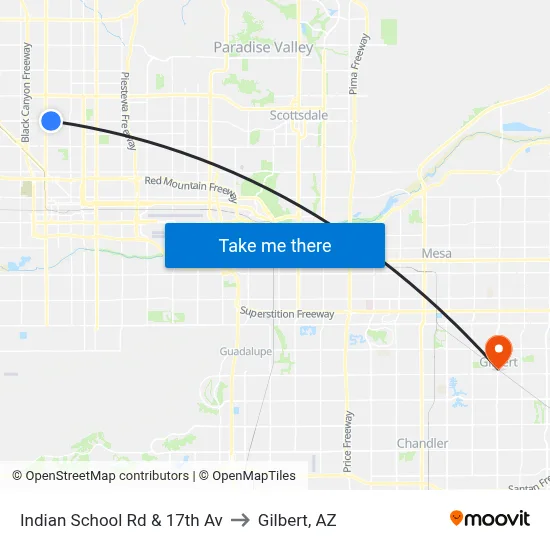 Indian School Rd & 17th Av to Gilbert, AZ map