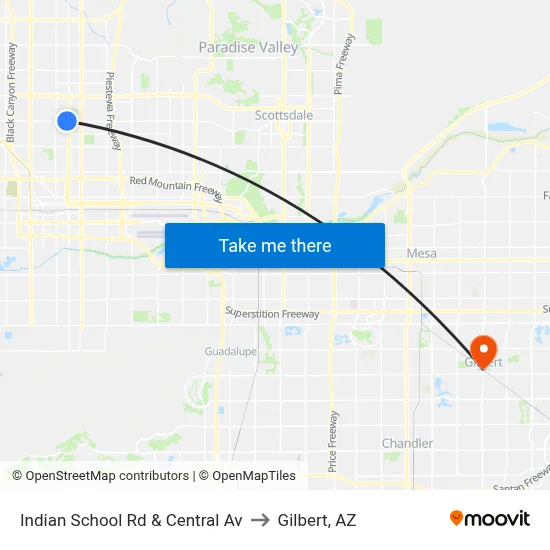 Indian School Rd & Central Av to Gilbert, AZ map