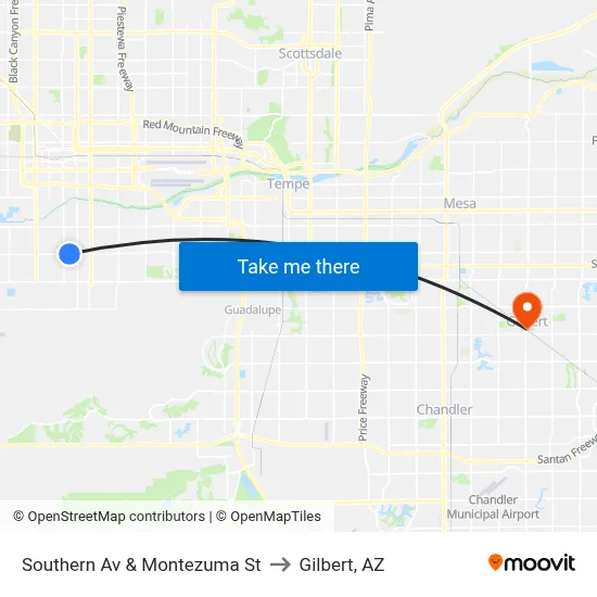 Southern Av & Montezuma St to Gilbert, AZ map