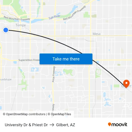 University Dr & Priest Dr to Gilbert, AZ map