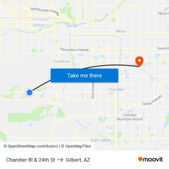 Chandler Bl & 24th St to Gilbert, AZ map