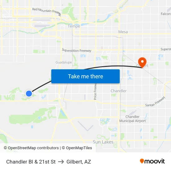 Chandler Bl & 21st St to Gilbert, AZ map