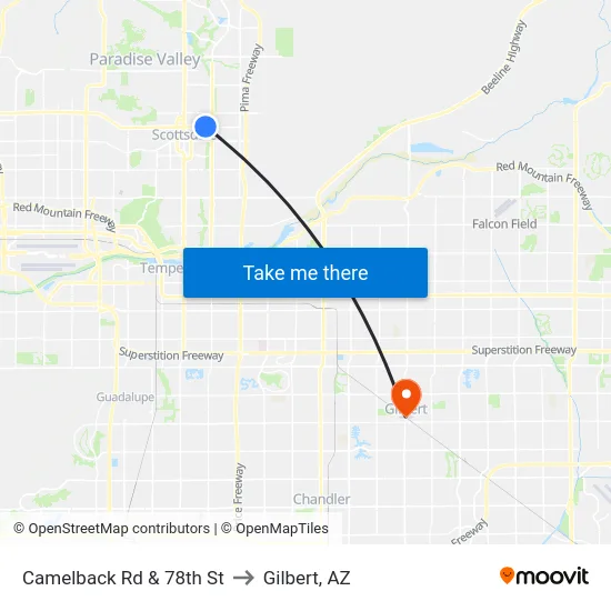 Camelback Rd & 78th St to Gilbert, AZ map