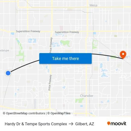 Hardy Dr & Tempe Sports Complex to Gilbert, AZ map